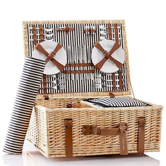 Rolling Wicker Picnic Basket, Set For 6 