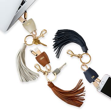 Power Up Leather Tassel Lightning to USB-A Keychain with Tassel Gold